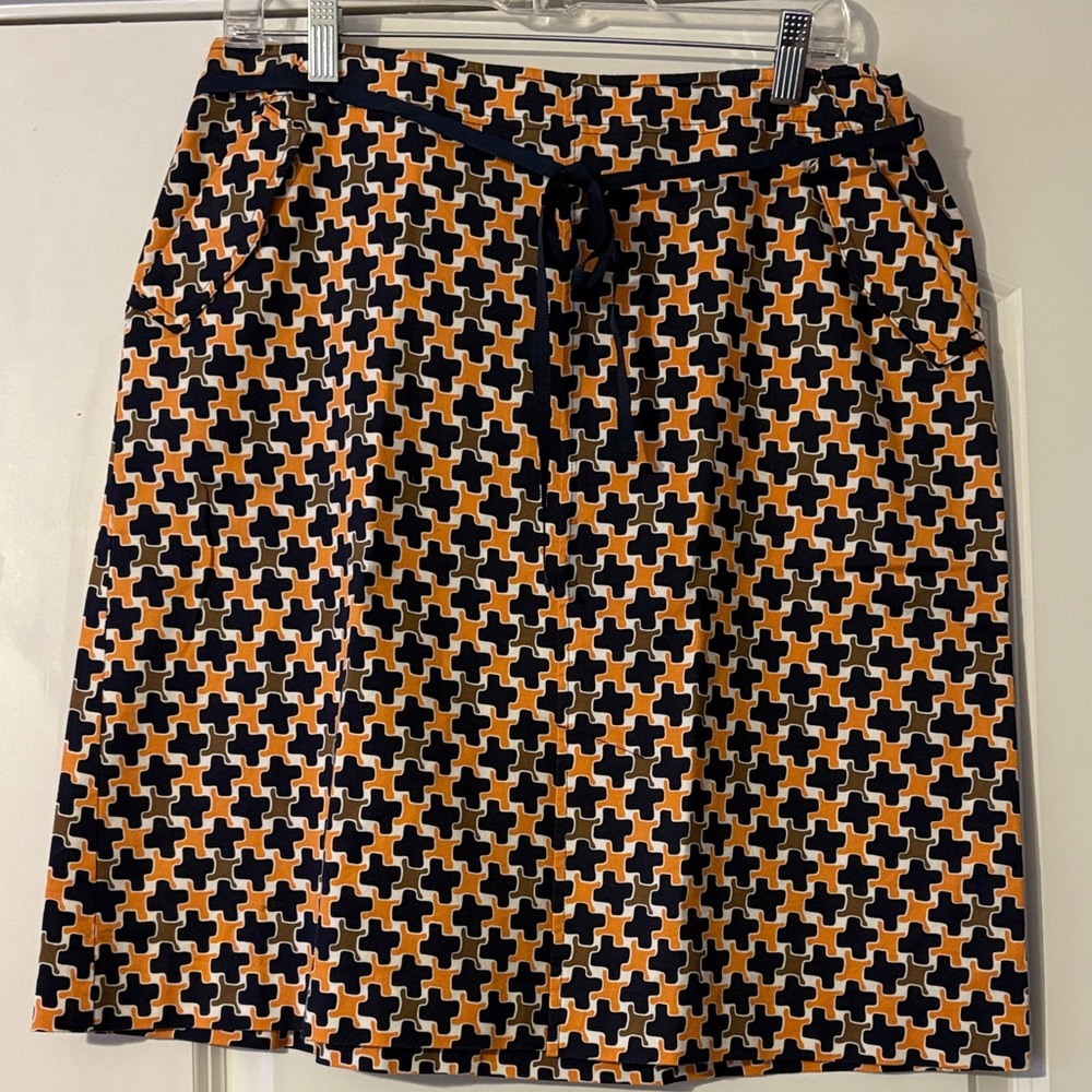 Talbots Printed A-Line Skirt in Orange, Navy & Cream